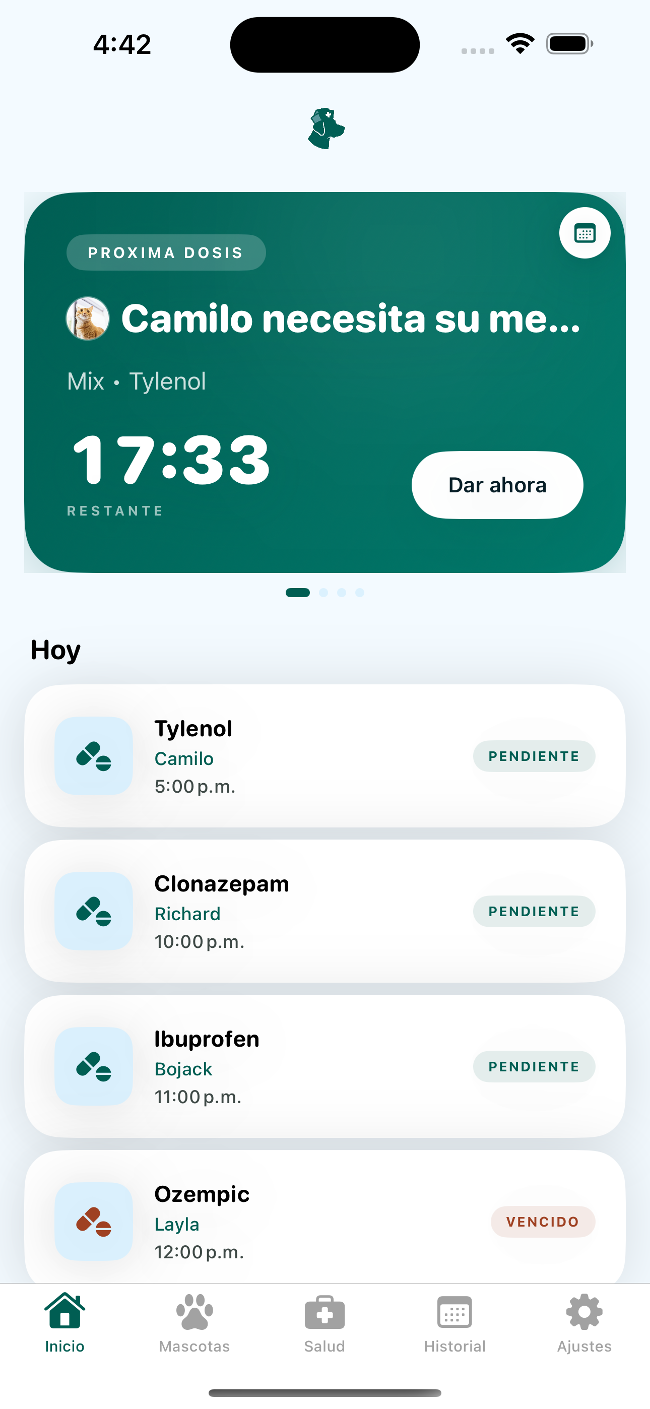 Pantalla principal de PetMed con próxima dosis y mascota